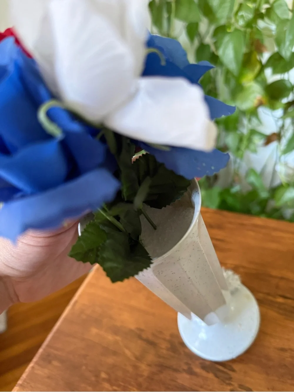 White Ceramic Bud plastic Vase with Red, Blue and White Artificial Flowers